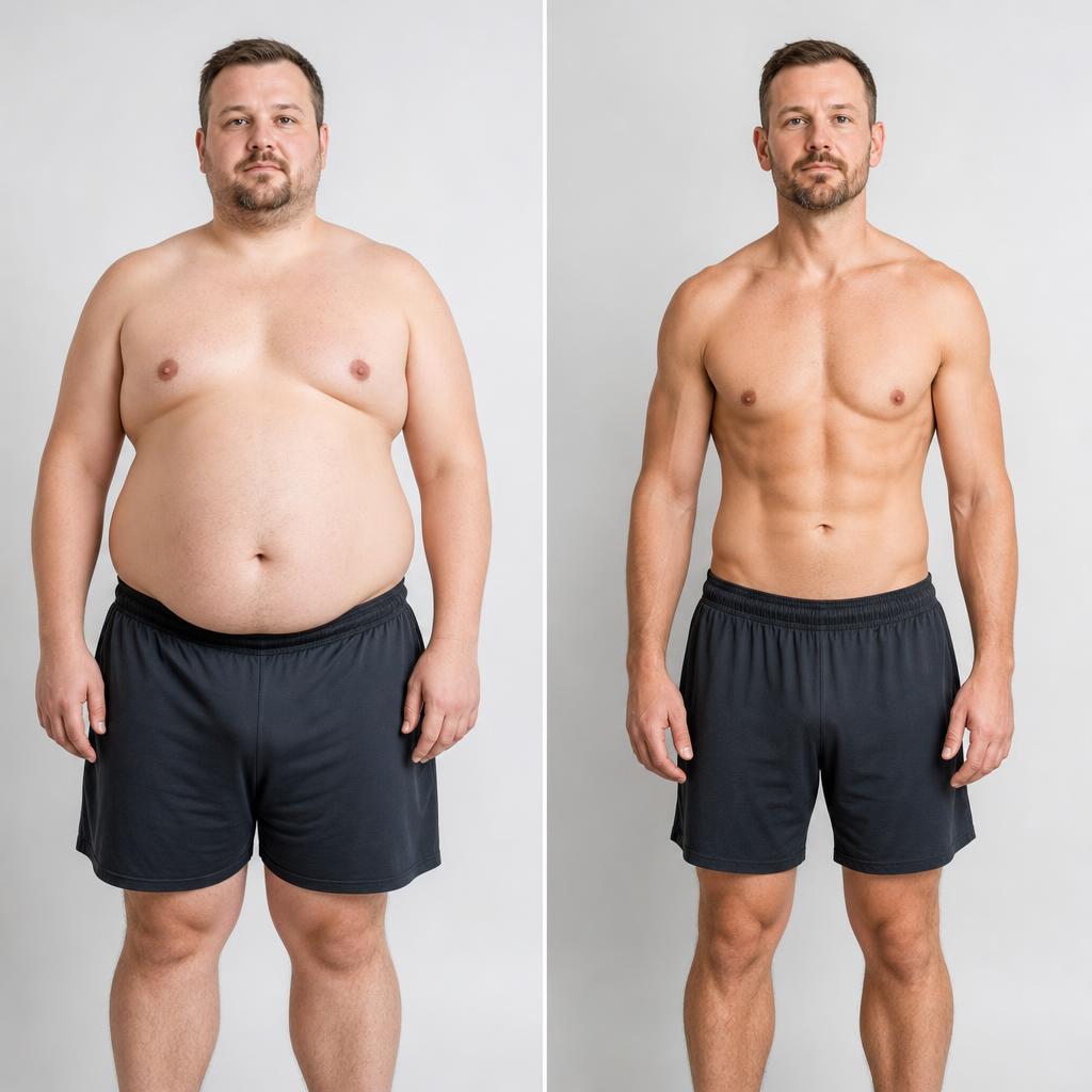 Before and after weight loss transformation of a man who dropped significant body fat
