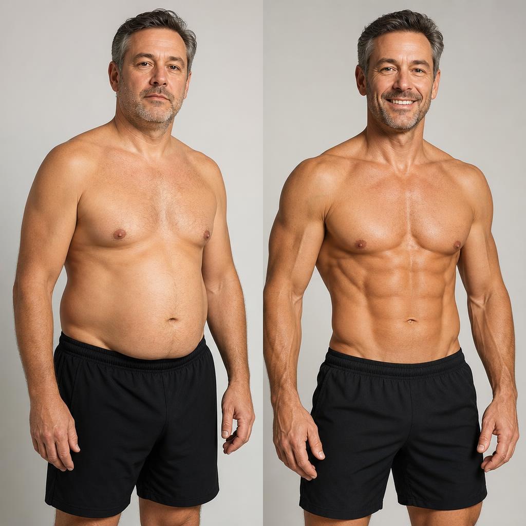 Before and after transformation of a man in his 50s who got lean and athletic